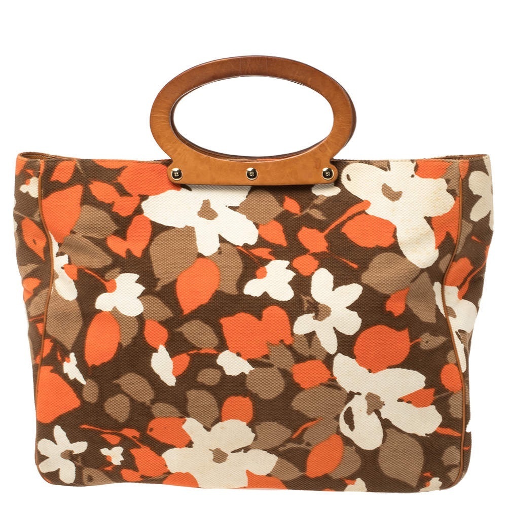 kate spade vintage Brown Orange Cream Floral Canvas Tote with Leather handles!